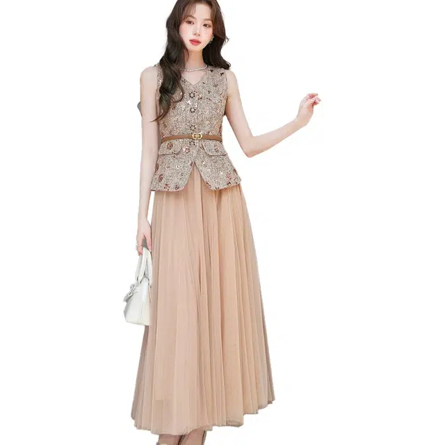 敲模女孩 甜酷风法式气质时尚百搭小香风亮片高腰修身裙装套装 女款