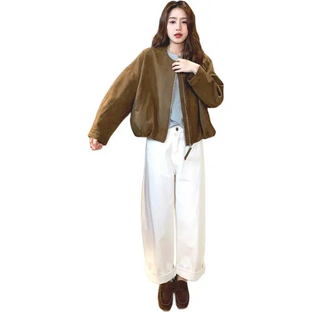 袋鼠 巨好看圆领麂皮绒外套女春秋流行设计感小众机车服夹克 女款