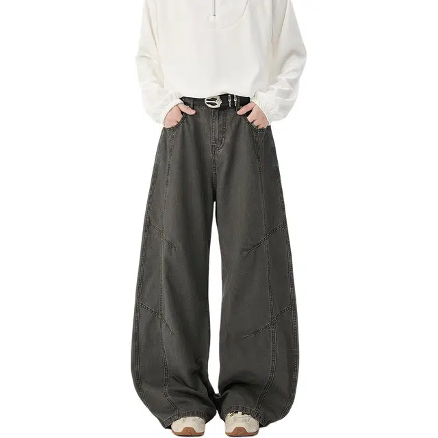 佐菲利 美式拼接水洗工装裤高街潮牌宽松纯棉弯刀阔腿裤解构休闲裤 男女同款