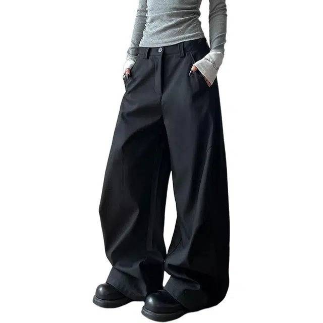 大格子与黑猫 美式高级感褶皱弯刀西裤高街复古宽松百搭直筒阔腿裤休闲裤 男女同款