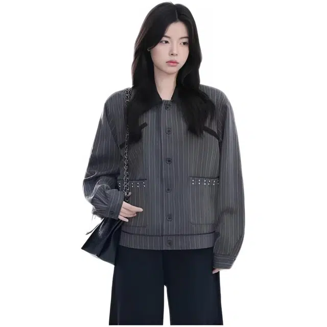 木木兔  潮流时尚秋季女装外套 情侣款 老钱风美式条纹铆钉翻领街头复古高级感宽松西装夹克 男女同款