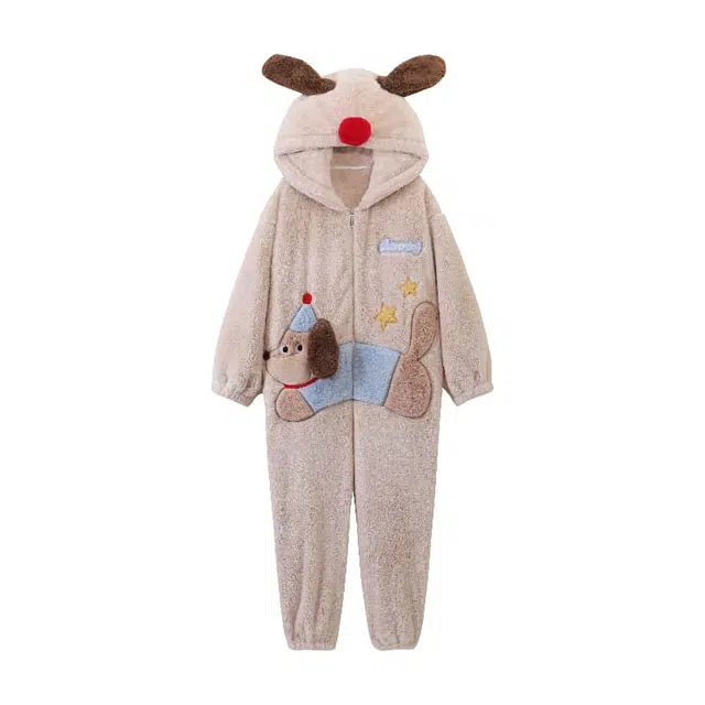 俏霓桐 保暖蓄温连帽可爱卡通小狗长袖可外穿长裤家居连体衣 女款