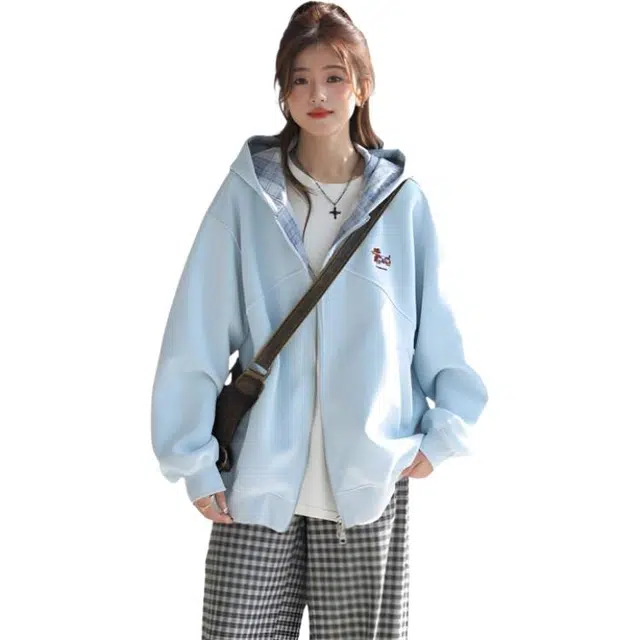 荟萃阁 韩系格子拼接腊肠狗刺绣外套慵懒宽松开衫卫衣 女款