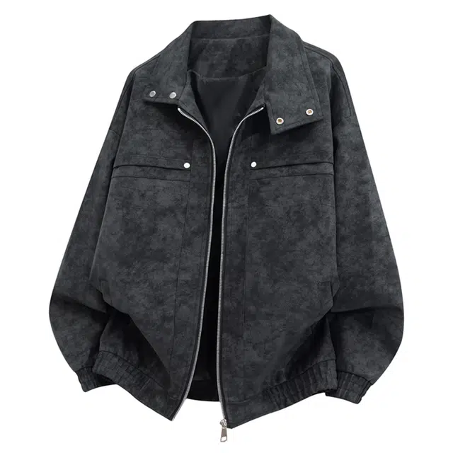 八哥 美式复古高街基础款经典纯色宽松潮流时尚舒适扎染设计百搭通勤套头简约工装飞行员翻领长袖外套夹克 男女同款