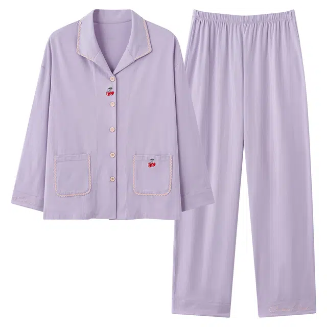 俏霓桐 甜美可爱樱桃简约翻领纯棉亲肤温柔舒适长袖长裤家居服可外穿睡衣套装 女款