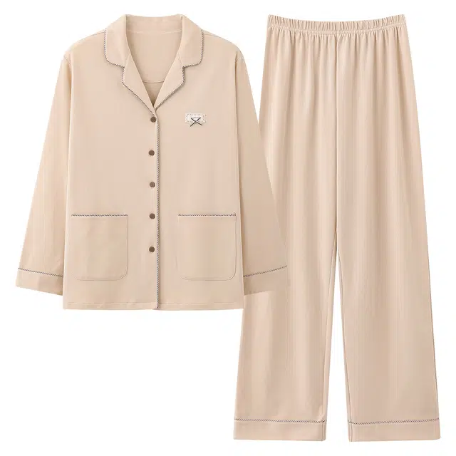 俏霓桐 时尚优雅高级感纯棉亲肤翻领简约休闲舒适长袖长裤家居服可外穿睡衣套装 女款