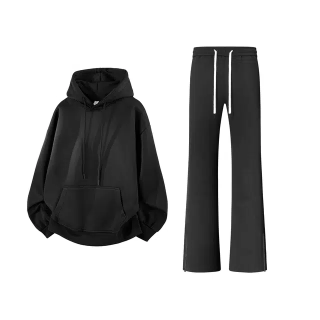 【可两穿卫裤免搭配一套】布客行 显高显瘦美式高街慵懒垂感老钱风弯刀直筒微喇拉链华棉重磅连帽卫衣长裤舒适百搭休闲运动套装 男女同款