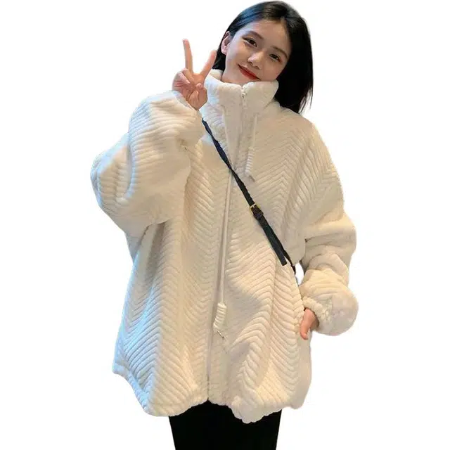 邓大喵 秋冬外套女洋气立领外穿仿羊羔绒加厚宽松兔毛毛大衣皮草 女款