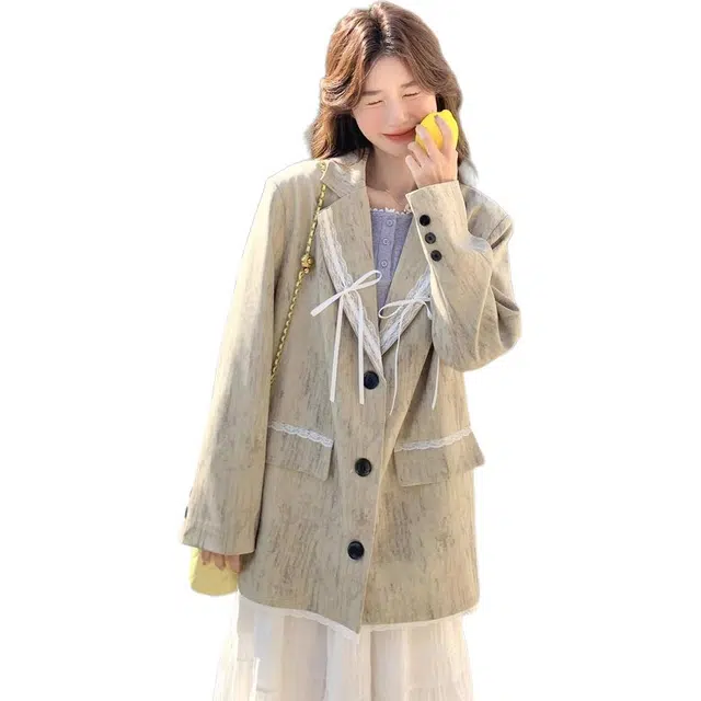 小卷要加油 独特漂亮蕾丝拼接外套女秋季设计感小众休闲西服上衣西装 女款