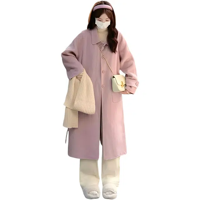 荟萃阁 高级娃娃领小个子通勤加厚长款呢子外套大衣 女款