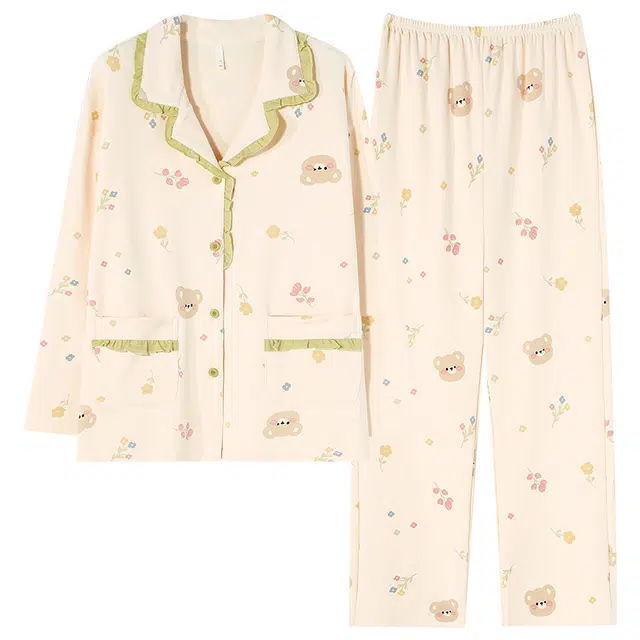 帕兰朵 纯棉女士春秋款长袖韩版开衫大码家居服全棉舒适睡衣套装 女款