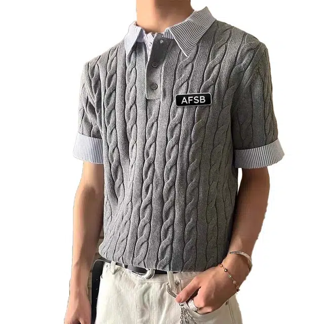 艾梵斯贝 美式复古潮流假两件绞花夏季薄款高级感小众设计款无性别日常通勤百搭老钱风休闲时尚商务轻奢半截袖针织衫 男女同款