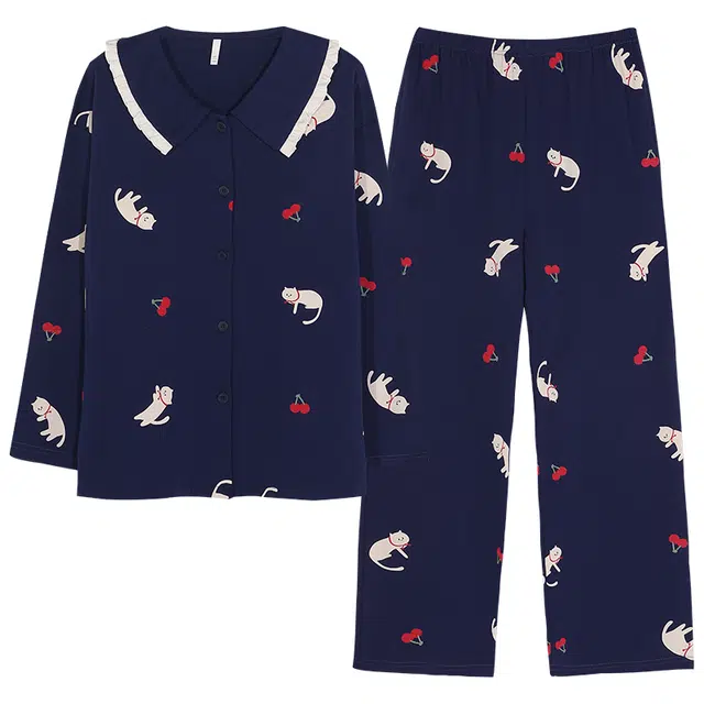 帕兰朵 春秋季纯棉长袖可爱公主风开衫家居服带胸垫舒适透气睡衣套装 女款