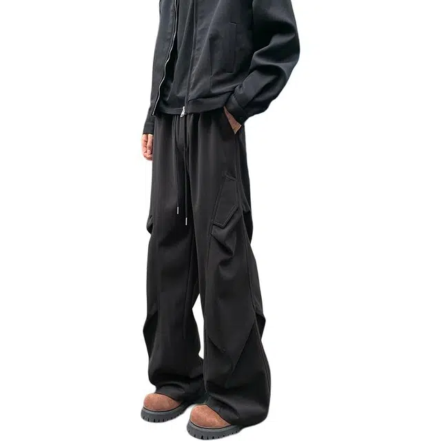 华夏儿女 美式潮流立体剪裁打褶结构假口袋宽松直筒百搭舒适透气针织运动裤休闲裤 男款