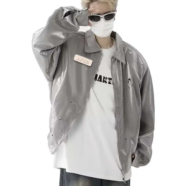 艾梵斯贝 美式复古潮流金属小众设计款垫肩翻领高级感潮酷个性时尚日常通勤百搭宽松休闲无性别短款情侣款夹克 男女同款