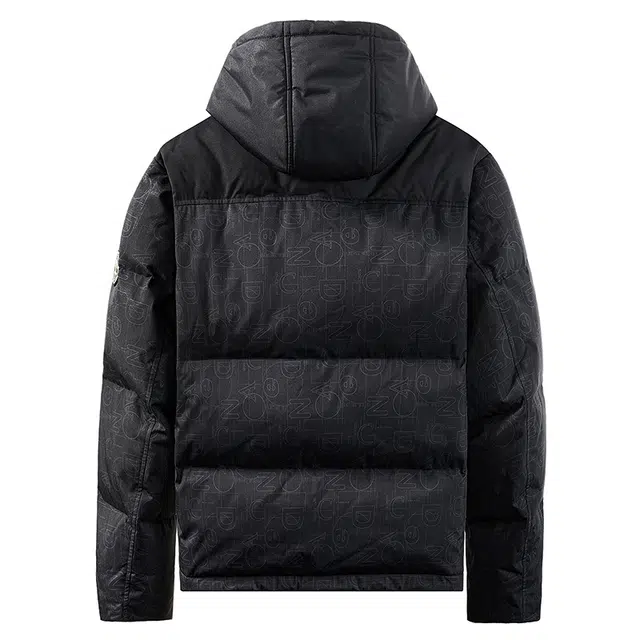 与狼共舞 抗寒防风高充绒垂感时尚满印字母潮流加高立领连帽户外休闲舒暖加厚面包羽绒服 男款