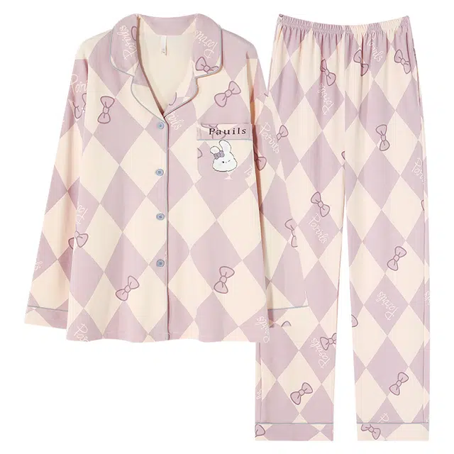 帕兰朵 带胸垫长袖可爱卡通大码家居服睡衣套装 女款