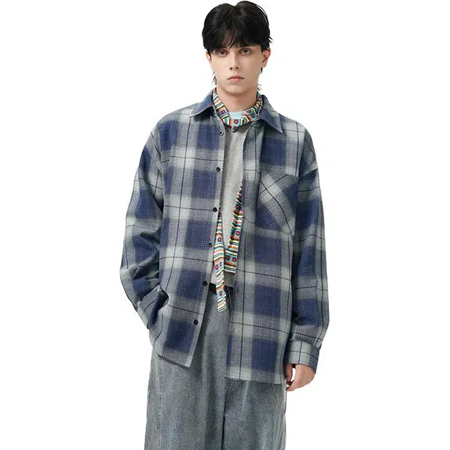 佐菲利 美式做旧渐变格子潮牌设计感痞帅外套百搭情侣长袖衬衣衬衫 男女同款