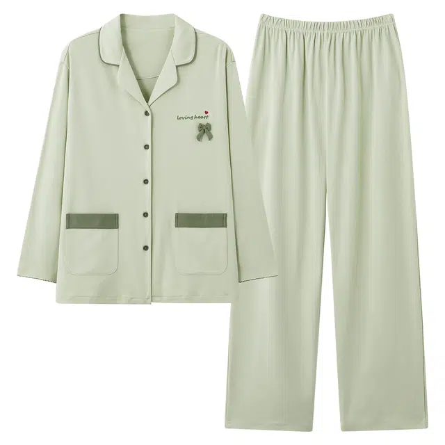 俏霓桐 时尚简约清新翻领纯棉亲肤甜美蝴蝶结可爱长袖长裤家居服可外穿睡衣套装 女款