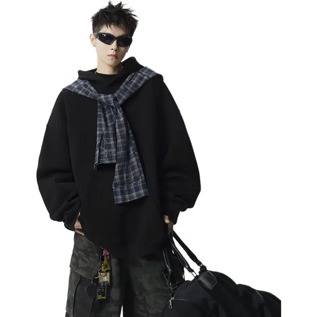 冈哉 美式可拆卸假两件格子披肩基础款连帽套头宽松百搭痞帅个性潮流潮牌时尚慵懒感学院风日常通勤柔软舒适亲肤上衣卫衣 男女同款