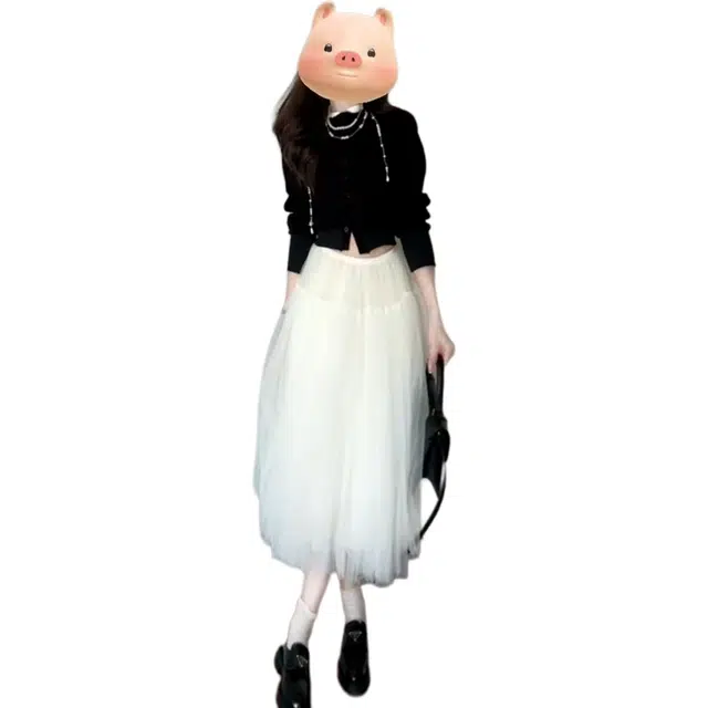 缪斯的诱惑 长袖针织连衣裙子女早秋韩系氛围感穿搭蓬蓬裙两件套裙装套装 女款