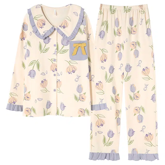 帕兰朵 春秋款纯棉长袖秋季女士甜美全棉娃娃领家居服舒适透气睡衣套装 女款