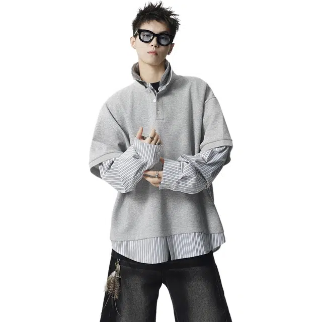 冈哉 美式基础彩学院风条纹拼接假两件翻领套头宽松百搭痞帅个性潮流潮牌慵懒感日常通勤柔软舒适亲肤上衣卫衣 男女同款