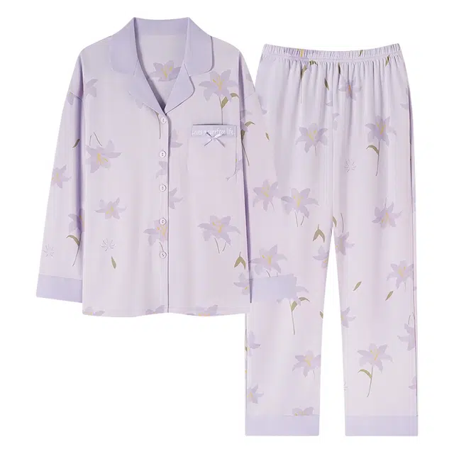 芬腾可安 春秋设计感柔软纯棉优雅简约时尚亲肤翻领家居服睡衣套装 女款