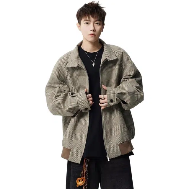 拓菲 复古千鸟格春秋宽松百搭休闲外套廓形重磅夹克 男女同款