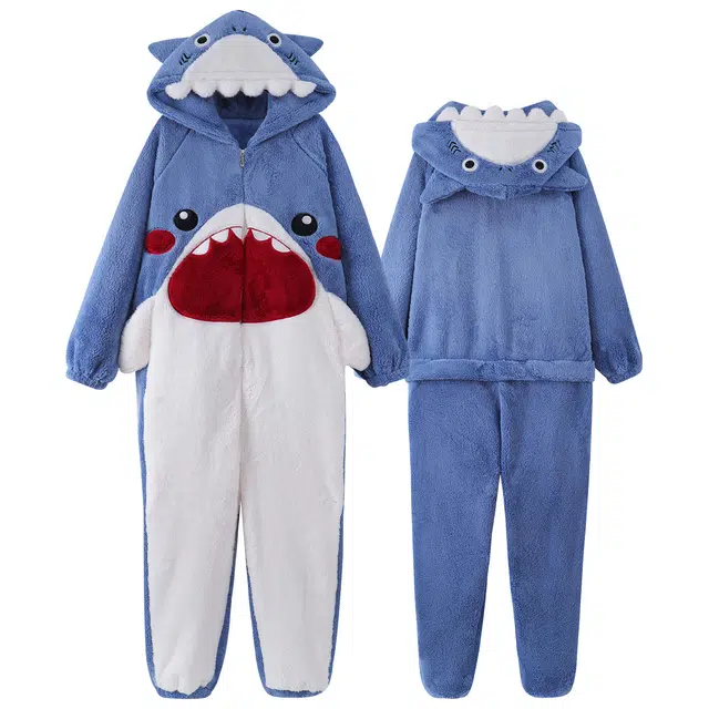 俏霓桐 卡通鲨鱼休闲加厚加绒珊瑚绒可爱青少年学生时尚家居服睡衣连体衣 男款