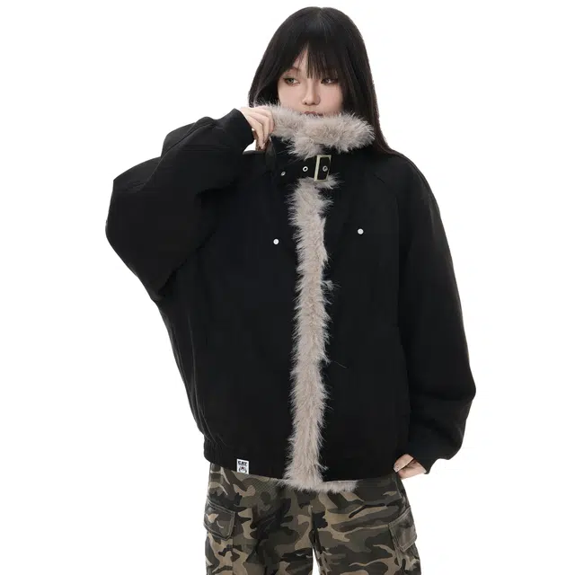 吾皇猫 高级感美式复古加棉加绒加厚保暖冬装棉袄外套无性别主义时尚潮流高端品质设计感解构冬季百搭高街休闲宽松舒适毛领棉服 男女同款