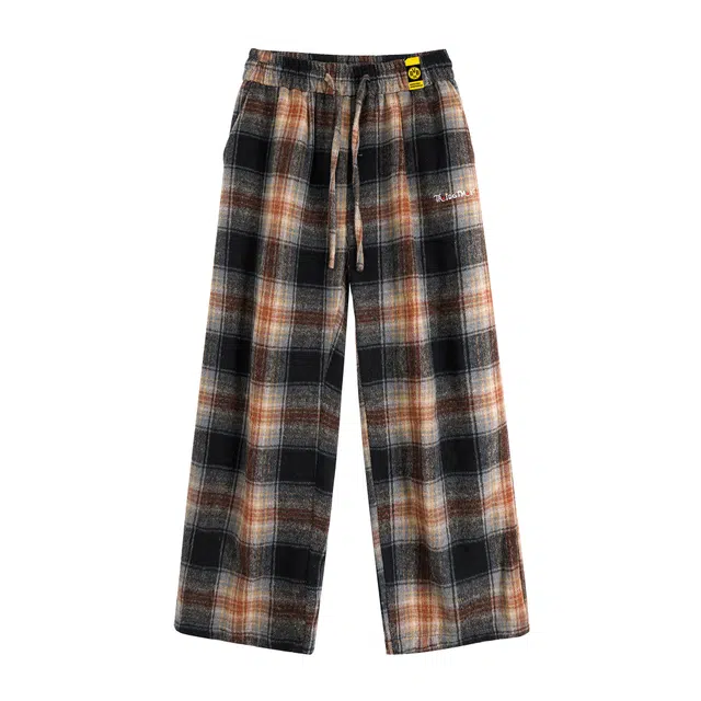 普鲁士多特蒙德 高街美式格子宽松裤子痞帅百搭潮流舒适透气显瘦青少年系绳直筒长裤休闲裤 男女同款