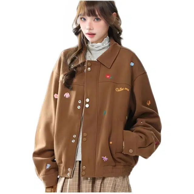 木木兔 潮流时尚秋季女装外套 小花翻领美式复古短款百搭情侣款夹克 女款