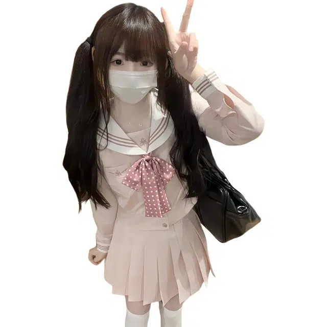 轻迎 学院风蝴蝶结可爱上衣温柔百褶裙显瘦裙装套装 女款