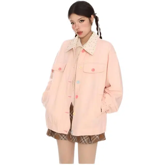 木木兔 潮流时尚秋季女装 小碎花翻领设计感彩色扣宽松百搭夹克上衣牛仔外套 女款