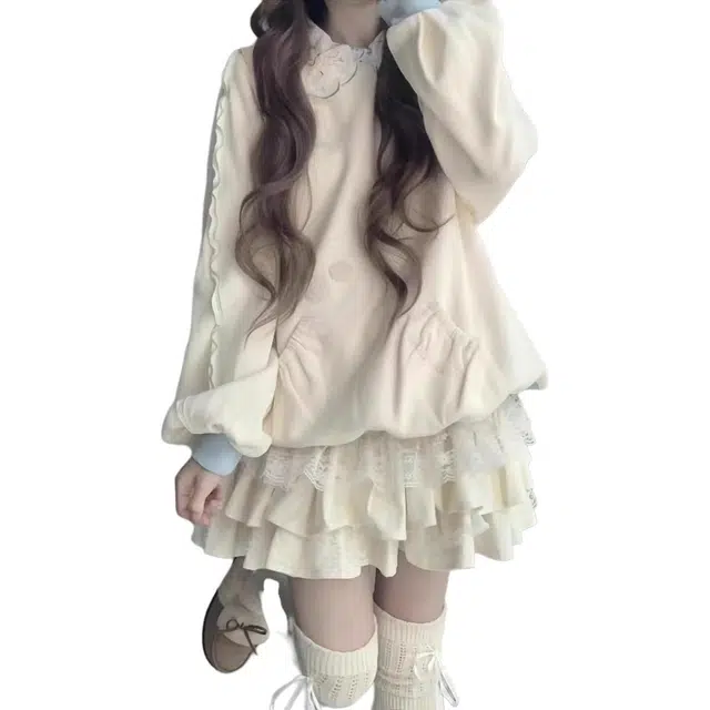 小卷要加油 超甜美少女感可爱长袖卫衣蛋糕半裙两件早春温柔减龄日系软妹裙装套装 女款