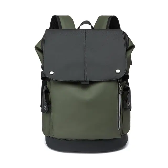 老人头 潮流时尚大容量短途旅游出差休闲背包通勤包电脑包大学生高中生上课书包 合成革 双肩包 常规 男款 皮膜军绿/花纹黑