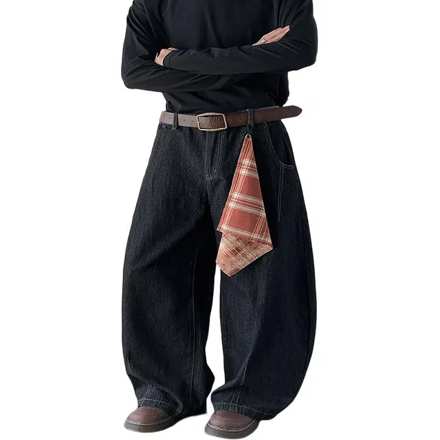 华夏儿女 美式复古可拆卸格子方巾小众设计中腰显高显瘦宽松个性时尚百搭弯刀阔腿长裤日常通勤穿搭牛仔裤 男款