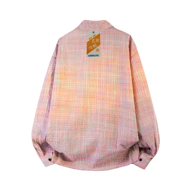 北欧攻略 美式休闲格纹泡泡纱宽松廓形长袖衬衫 男女同款
