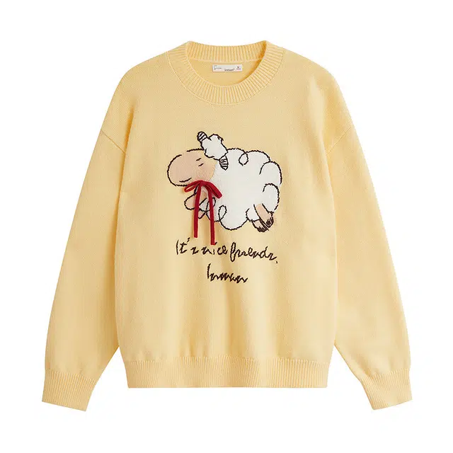 茵曼 小绵羊立体蝴蝶结刺绣字母圆领套头上衣针织衫 女款