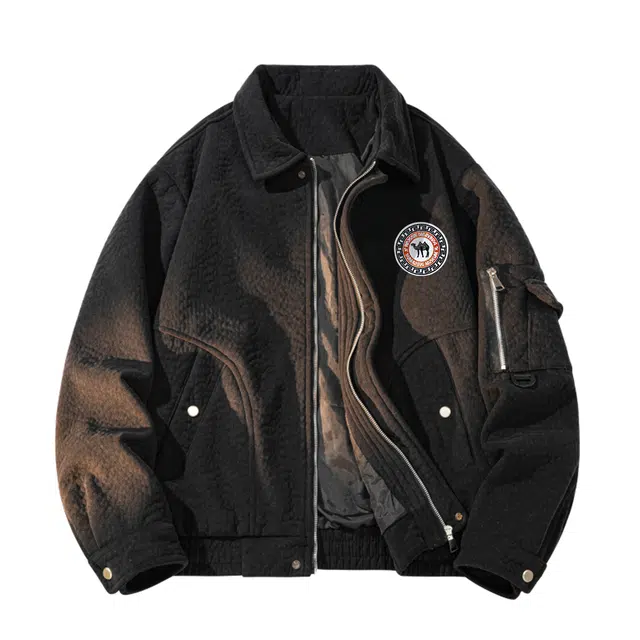 敦煌博物馆 美式复古街头徽章万针刺绣绒面感工装外套户外通勤防风大码简约基础款宽松百搭拉链翻领长袖夹克 男女同款