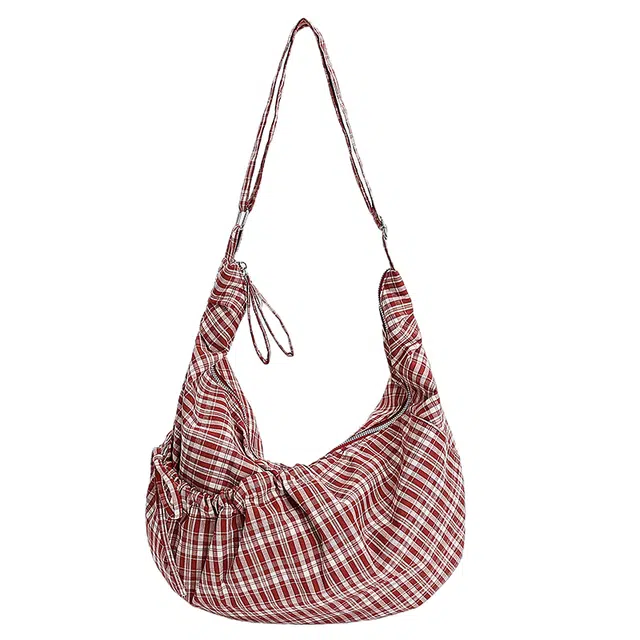 單倉 格纹抽绳轻便休闲日常通勤腋下包 布 单肩包 常规 女款 红色/蓝色/黑色