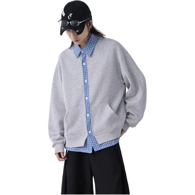 拓菲 美式学院风格纹拼接假两件潮牌宽松慵懒休闲情侣外套卫衣 男女同款