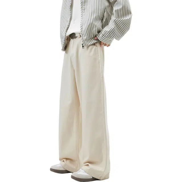 瑞梵帝斯 秋季复古街头设计感美式纯色基础日常通勤纯棉重磅伐木裤柔软不硬水洗做旧垂感阔腿宽松直筒休闲时尚牛仔裤 男款