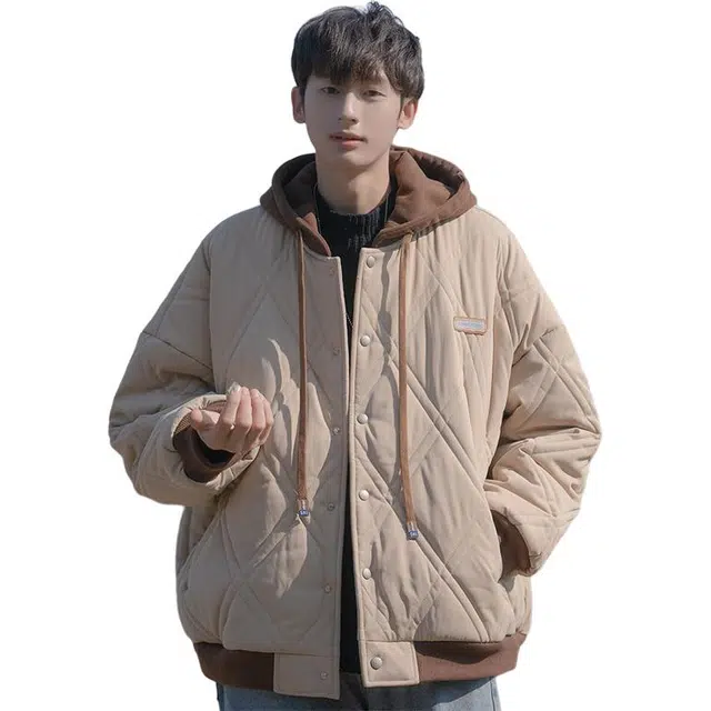 邦固依品 菱形格假两件棒球服男冬季加厚保暖羽.绒棉袄男生棉衣外套棉服 男款