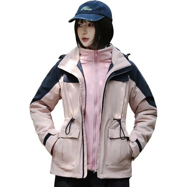 缪斯的诱惑 经典三合一可拆卸内胆防风耐磨保暖防泼水冲锋衣山系户外运动工装软壳衣简约休闲撞色拼接百搭抽绳收腰显瘦连帽夹克外套 女款