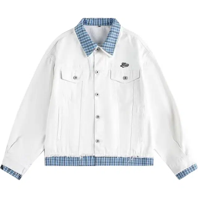 爱肯  美式复古做旧潮牌高街翻领假两件撞色简约格纹刺绣字母宽松休闲时尚百搭情侣短款日常通勤学院风拼接上衣牛仔外套夹克 男女同款