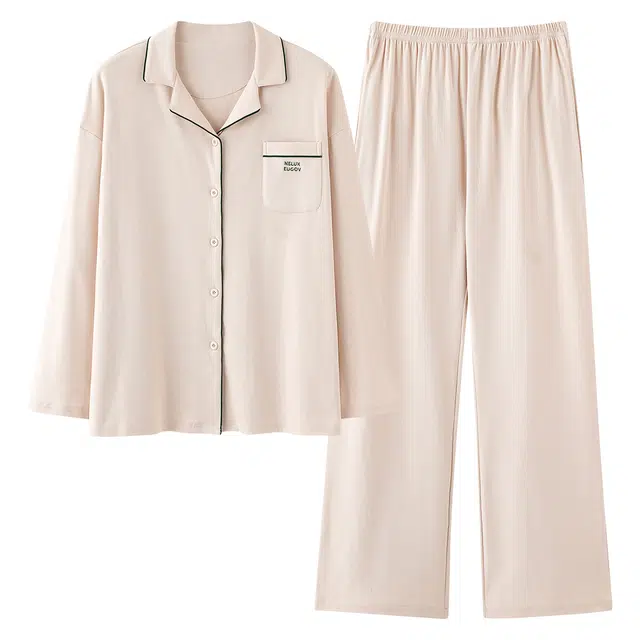 俏霓桐 优雅时尚简约高级感纯棉亲肤翻领休闲舒适百搭长袖长裤家居服可外穿睡衣套装 女款