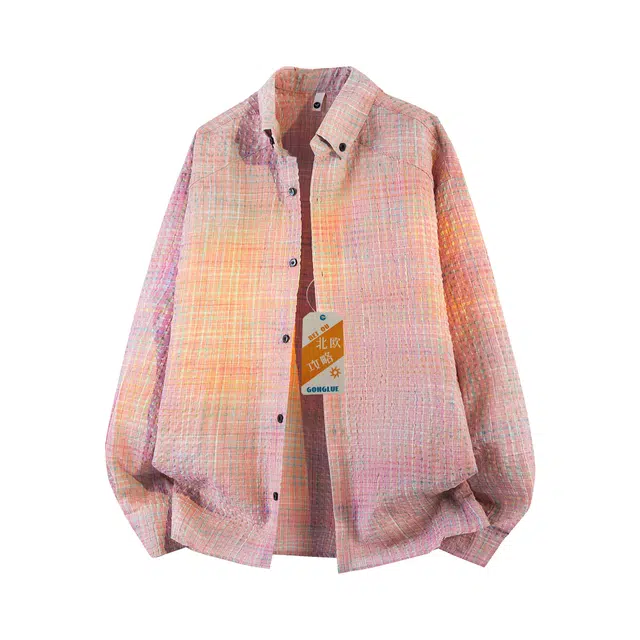 北欧攻略 美式休闲格纹泡泡纱宽松廓形长袖衬衫 男女同款