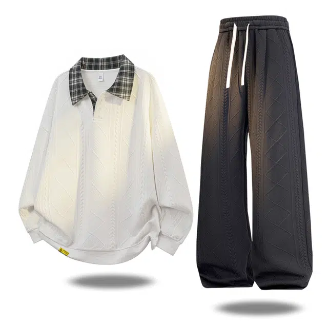 普鲁士多特蒙德 美式高街纯色简约学院风潮流时尚满印提花纹理肌理感两件套宽松百搭高级感日常通勤柔软舒适亲肤卫衣套装 男女同款